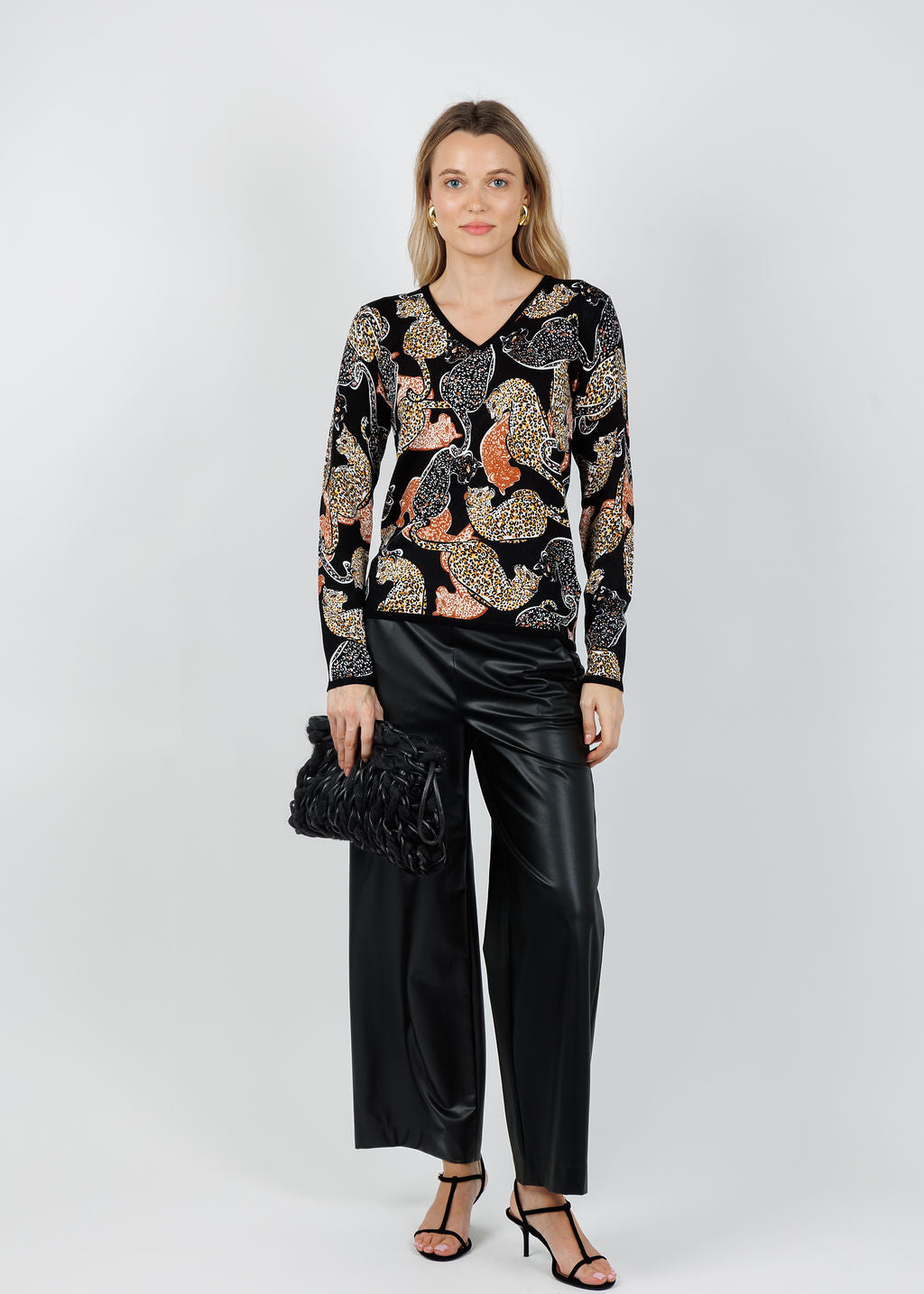 Leo & Ugo Leopard V-Neck Sweater in Black available at Barbara Katz