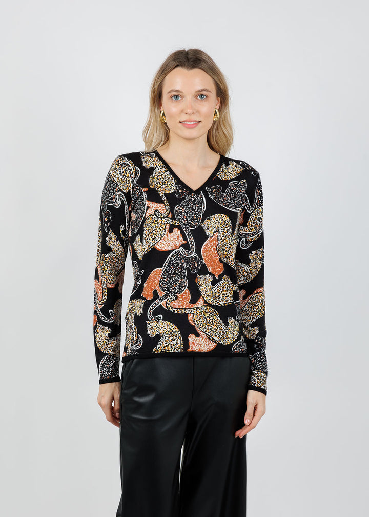 Leo & Ugo Leopard V-Neck Sweater in Black available at Barbara Katz