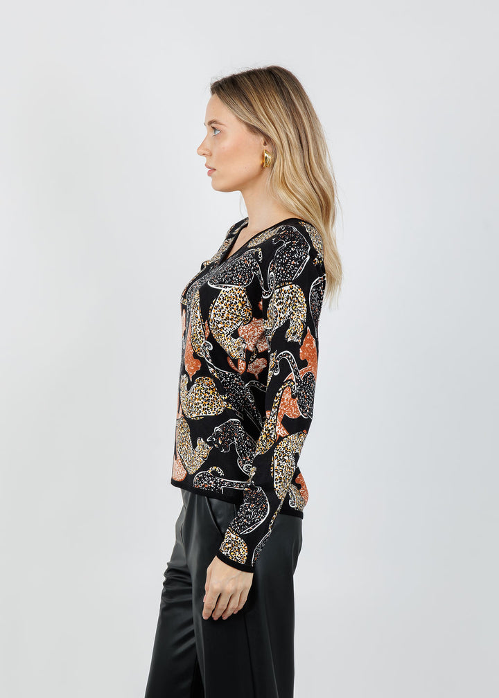 Leo & Ugo Leopard V-Neck Sweater in Black available at Barbara Katz