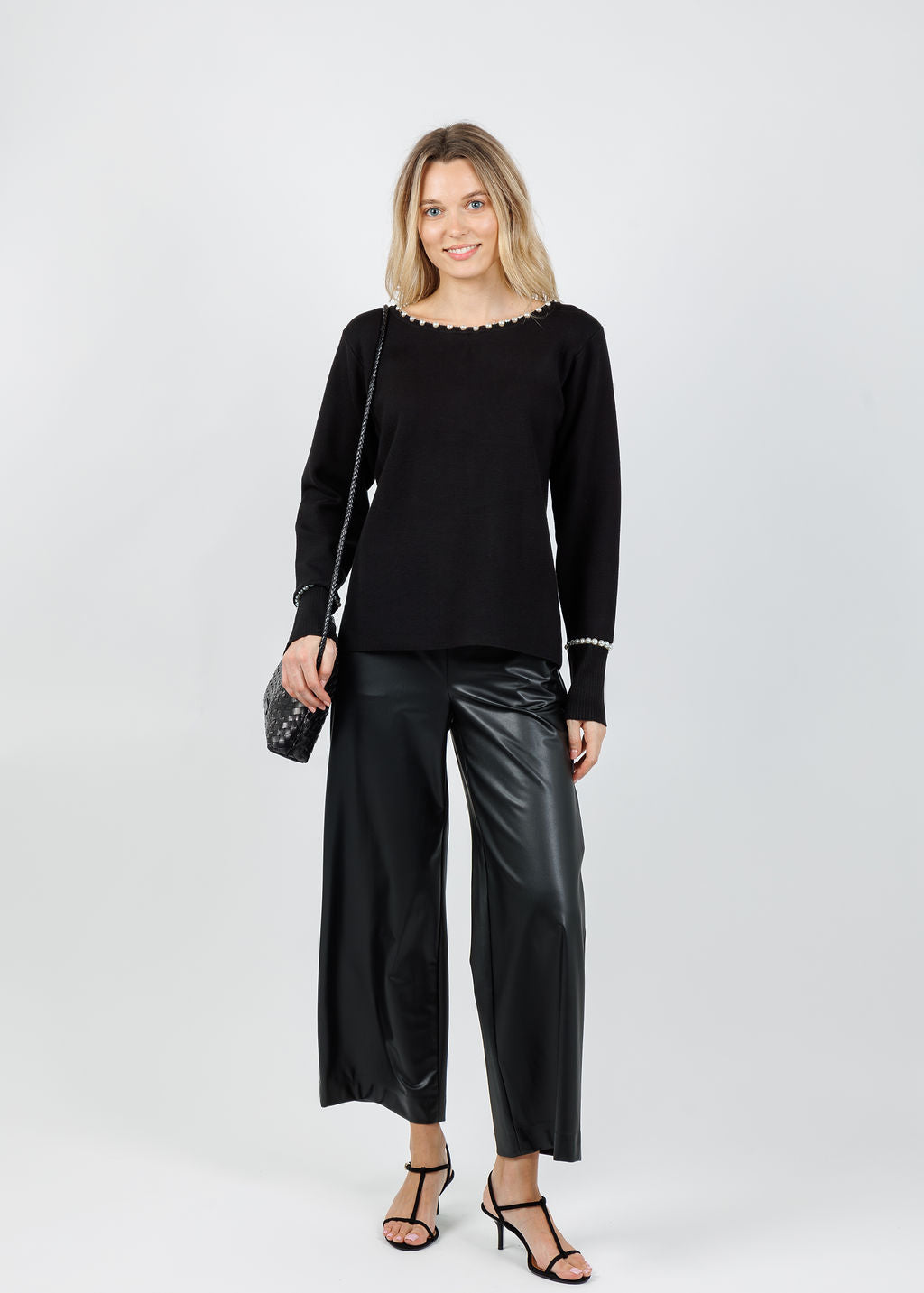 Leo & Ugo Pearl Trim Sweater in Black available at Barbara Katz