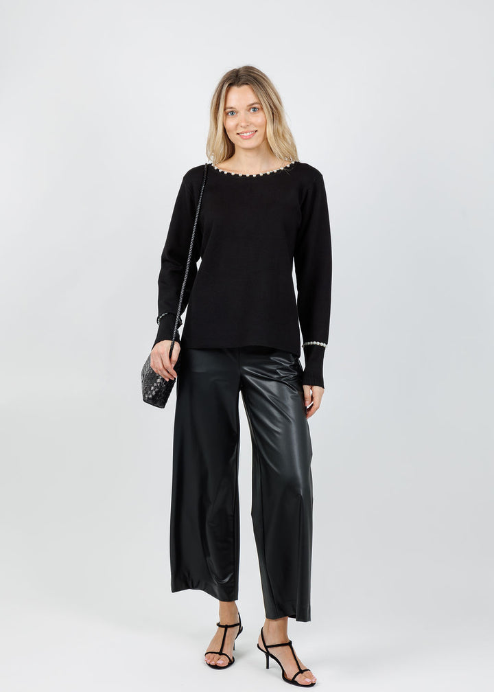 Leo & Ugo Pearl Trim Sweater in Black available at Barbara Katz