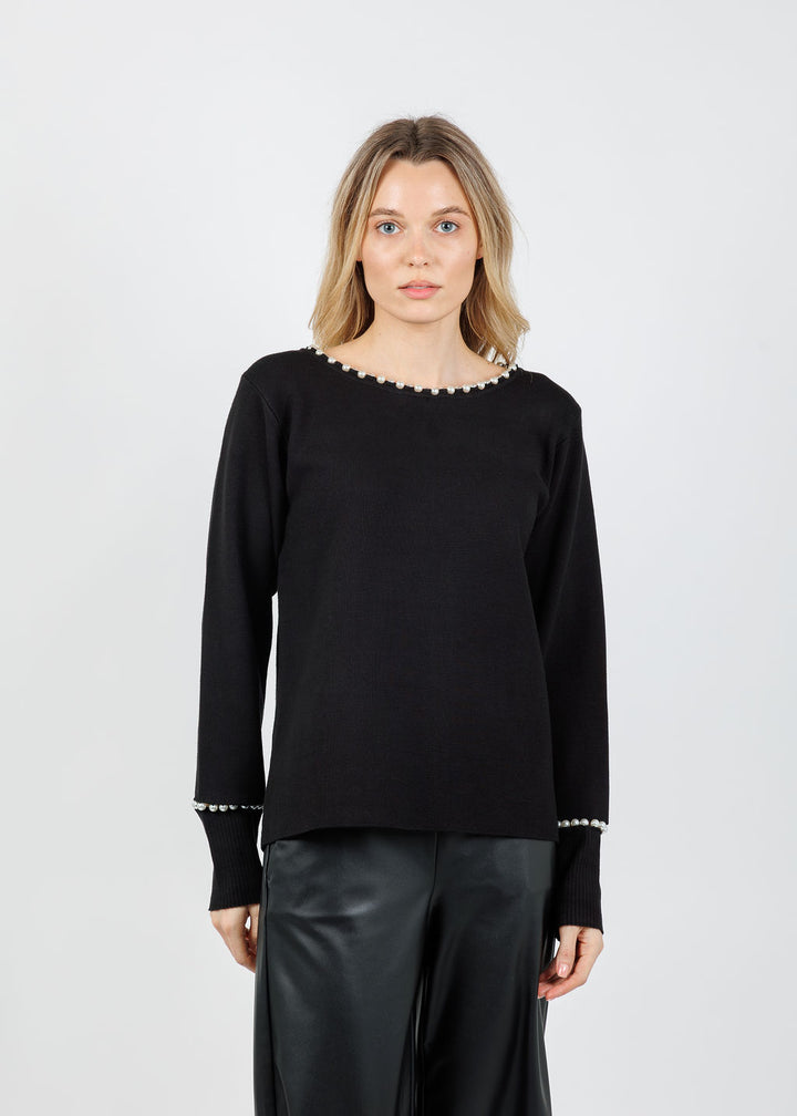 Leo & Ugo Pearl Trim Sweater in Black available at Barbara Katz