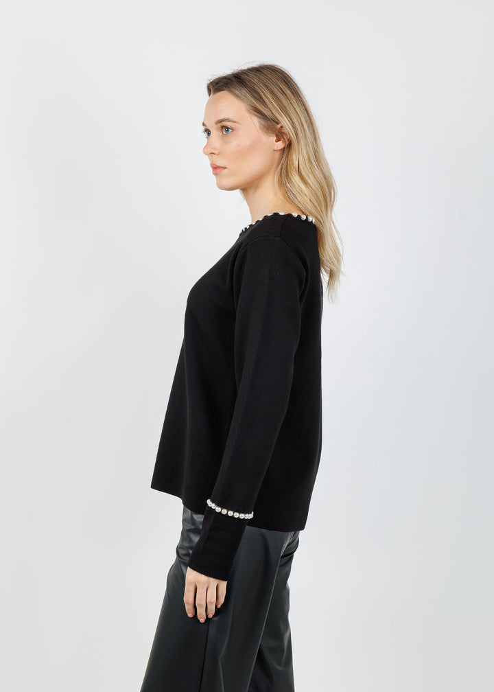 Leo & Ugo Pearl Trim Sweater in Black available at Barbara Katz