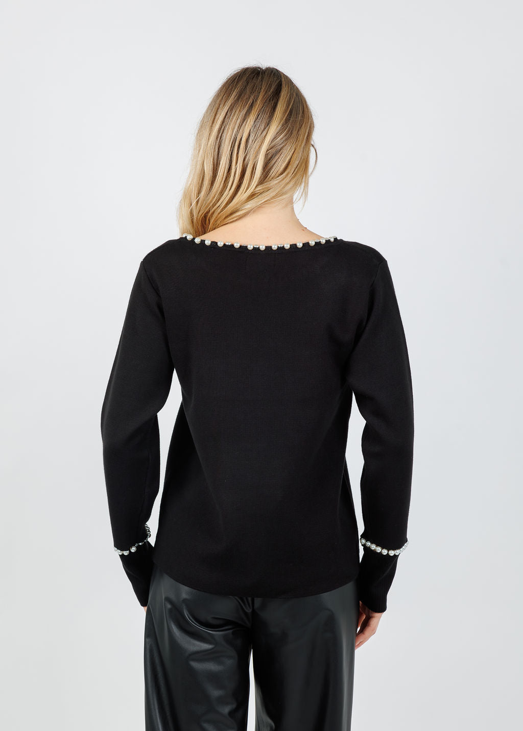 Leo & Ugo Pearl Trim Sweater in Black available at Barbara Katz
