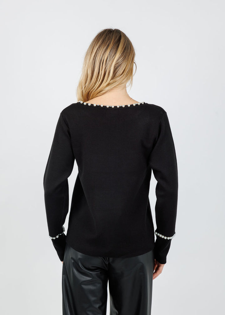 Leo & Ugo Pearl Trim Sweater in Black available at Barbara Katz