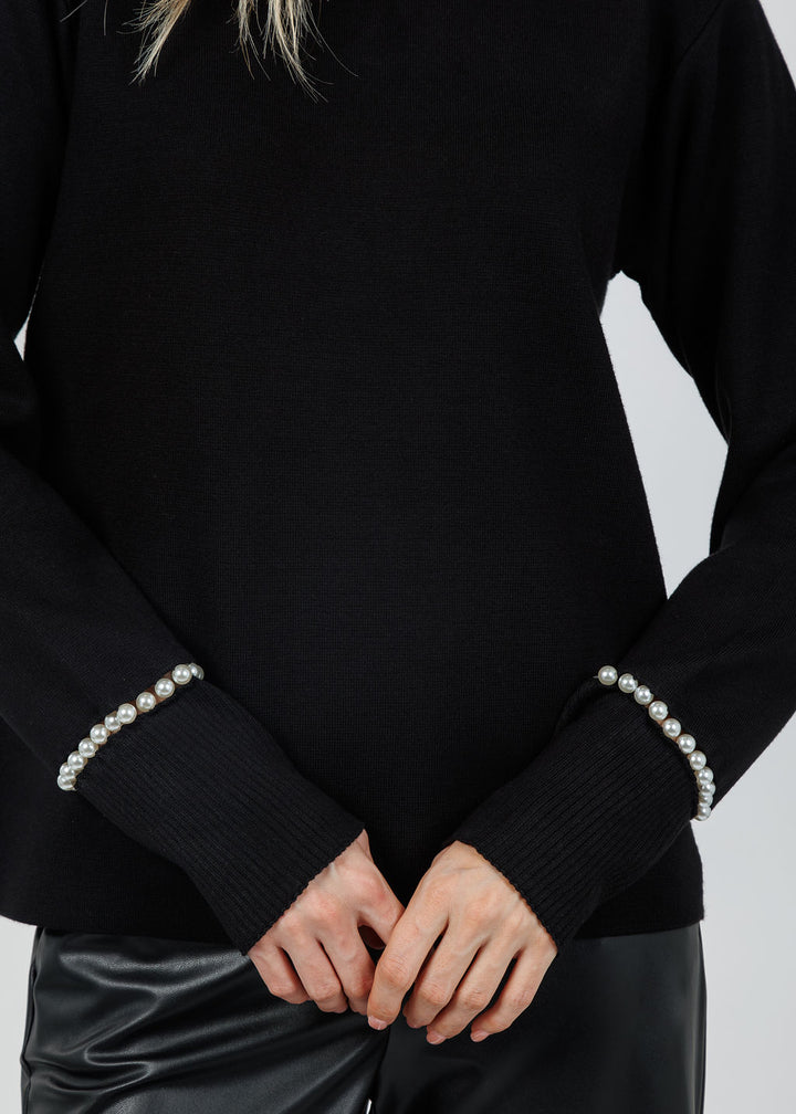 Leo & Ugo Pearl Trim Sweater in Black available at Barbara Katz