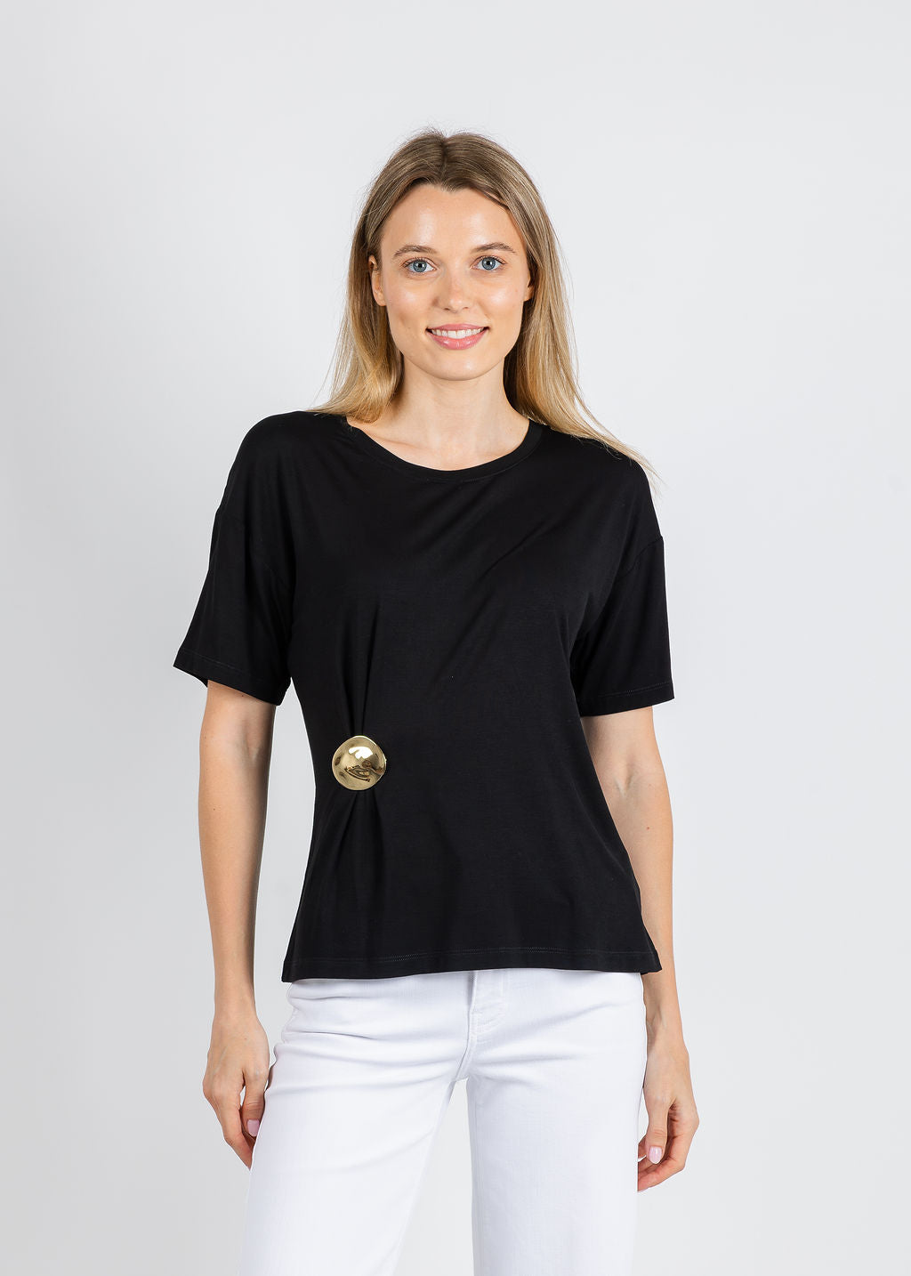 Leo & Ugo Aisha Brooch Tee in Black available at Barbara Katz
