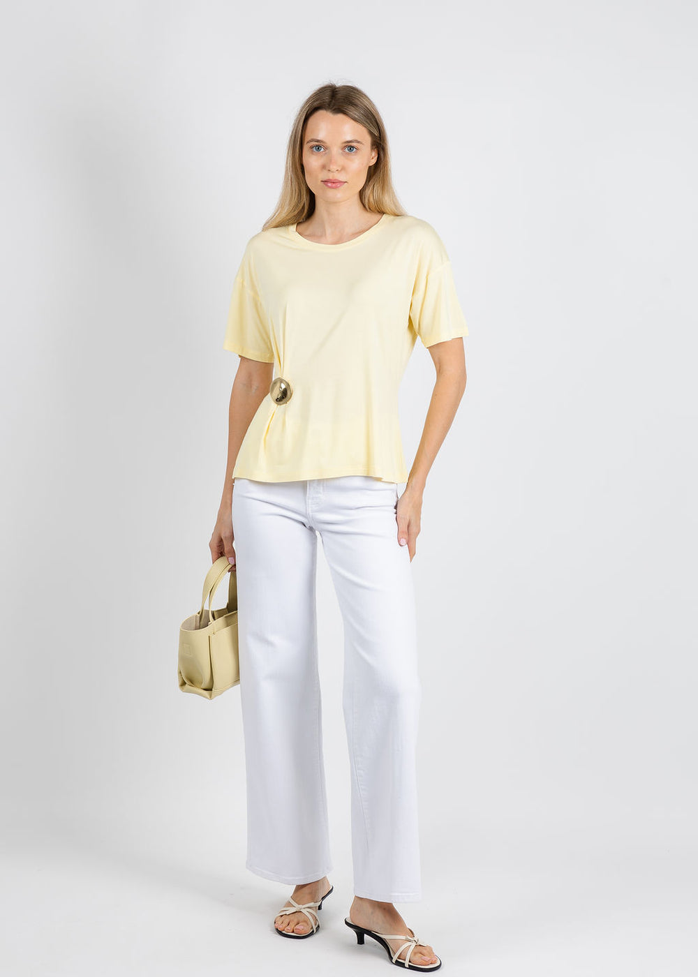 Leo & Ugo Aisha Brooch Tee in Yellow available at Barbara Katz