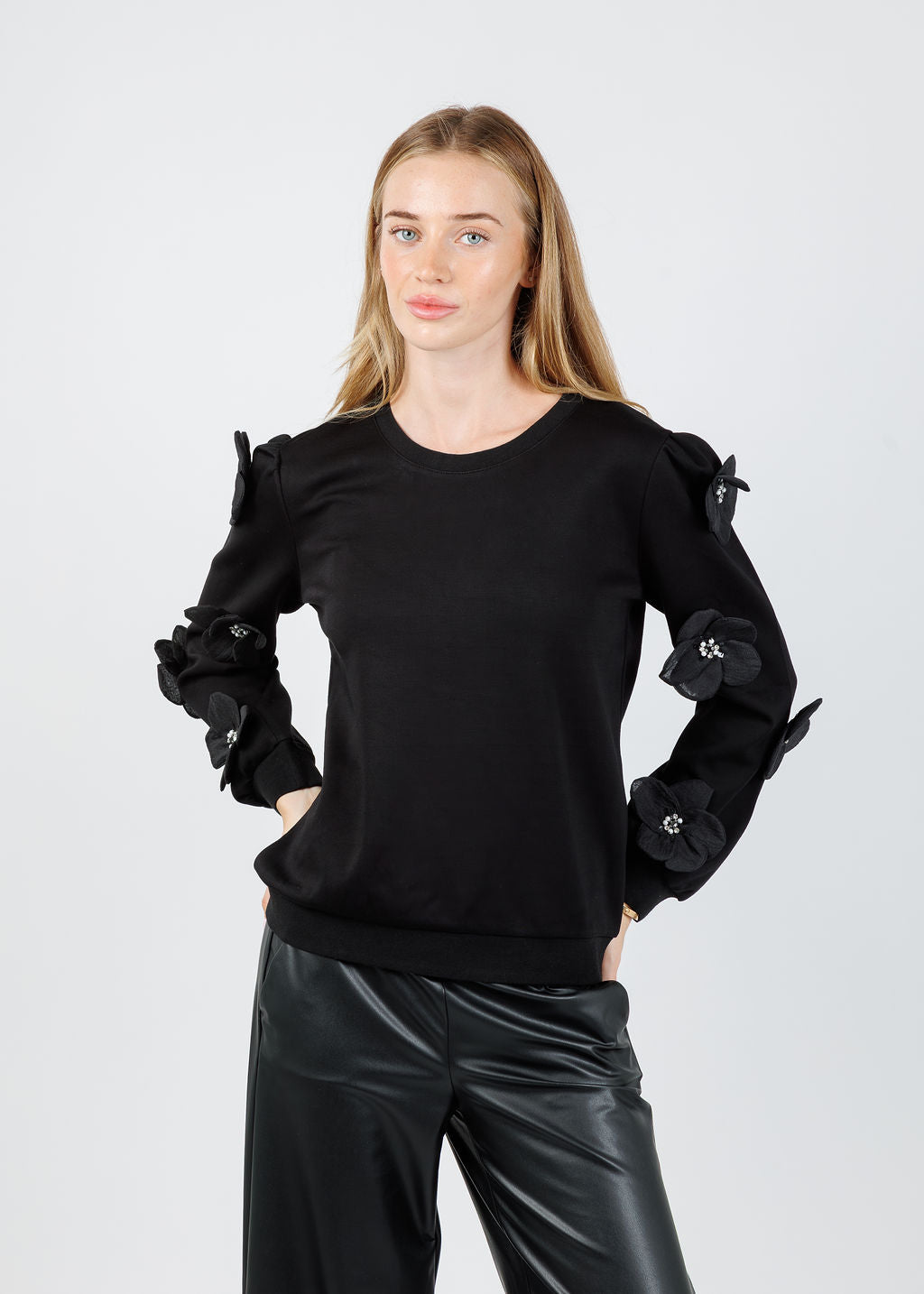 Leo & Ugo Alizee Floral 3D Sleeve Sweatshirt in Black available at Barbara Katz