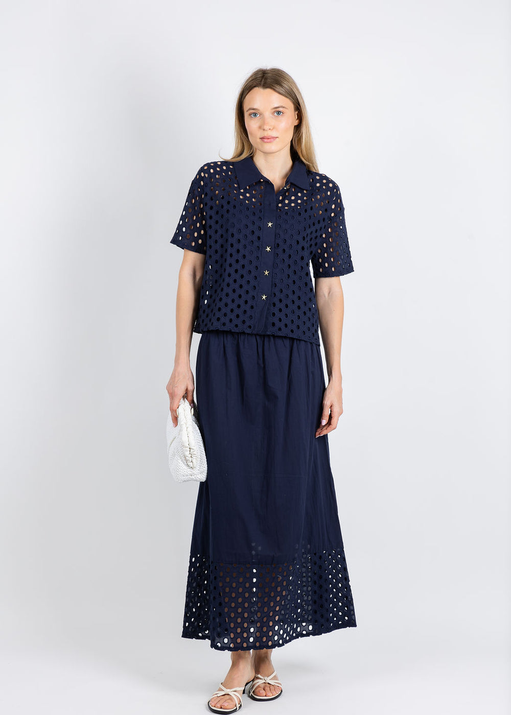 Leo & Ugo Amara Embroidered Circle Shirt in Navy paired with matching Erica Embroidered Circle Skirt available at Barbara Katz