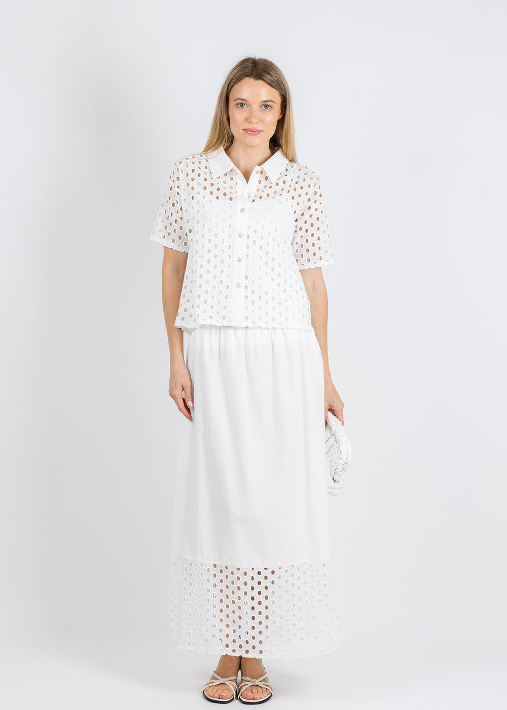Leo & Ugo Amara Embroidered Circle Shirt in White paired with matching Erica Embroidered Circle Skirt available at Barbara Katz