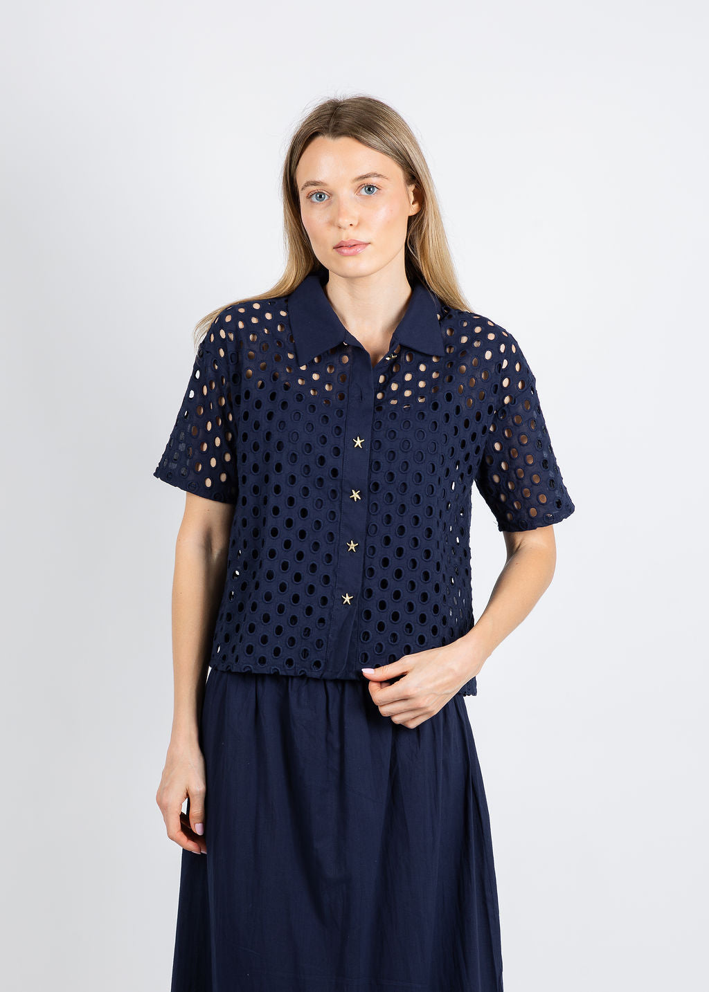 Leo & Ugo Amara Embroidered Circle Shirt in Navy available at Barbara Katz
