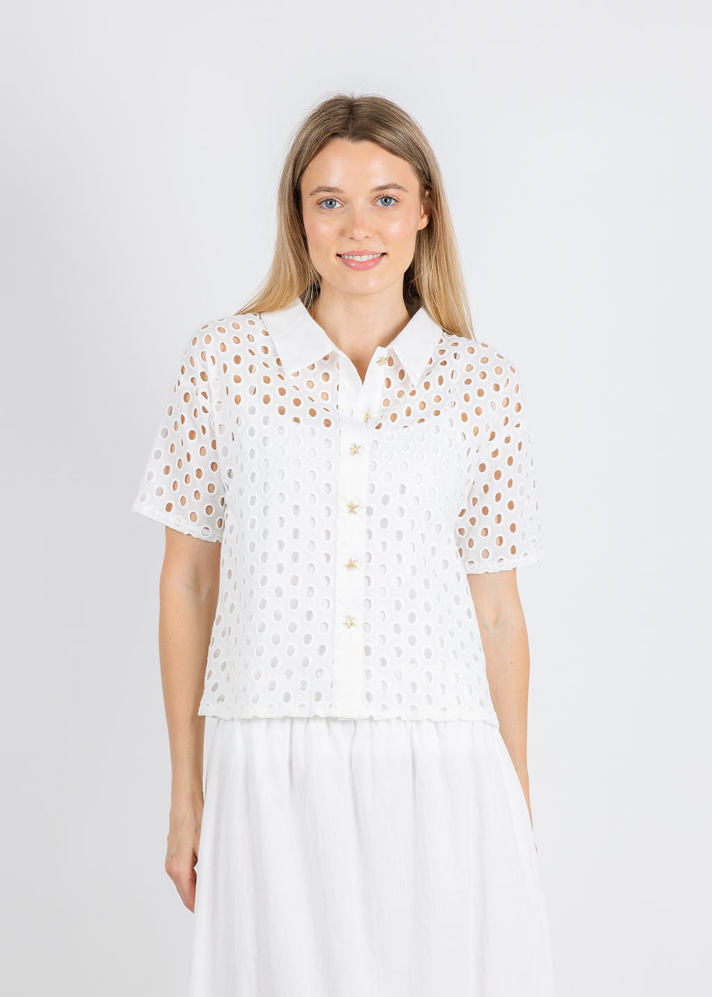 Leo & Ugo Amara Embroidered Circle Shirt in White available at Barbara Katz