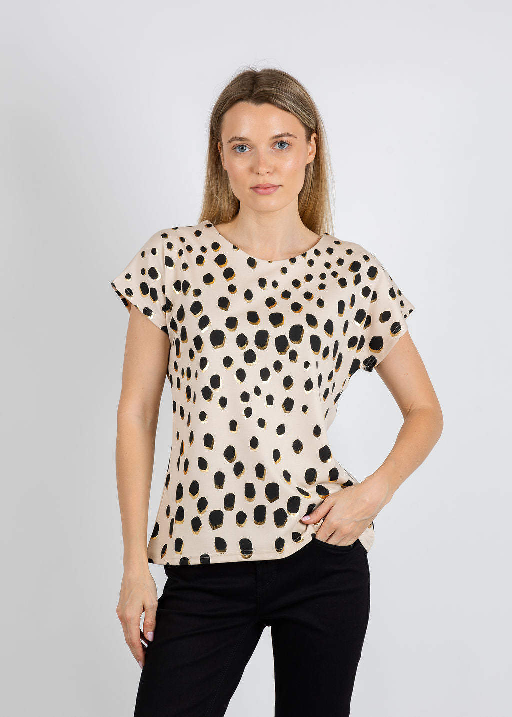 Leo & Ugo Animal Print Crew Neck Tee in Beige/Black available at Barbara Katz