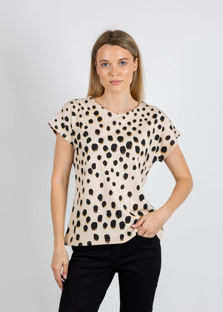 Leo & Ugo Animal Print Crew Neck Tee in Beige/Black available at Barbara Katz