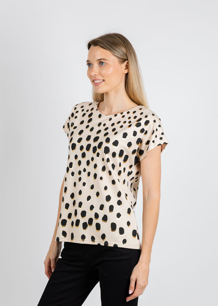 Leo & Ugo Animal Print Crew Neck Tee in Beige/Black available at Barbara Katz