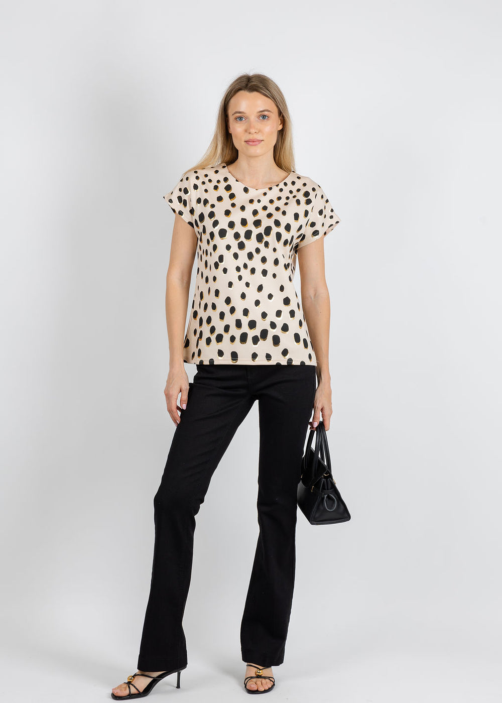 Leo & Ugo Animal Print Crew Neck Tee in Beige/Black available at Barbara Katz