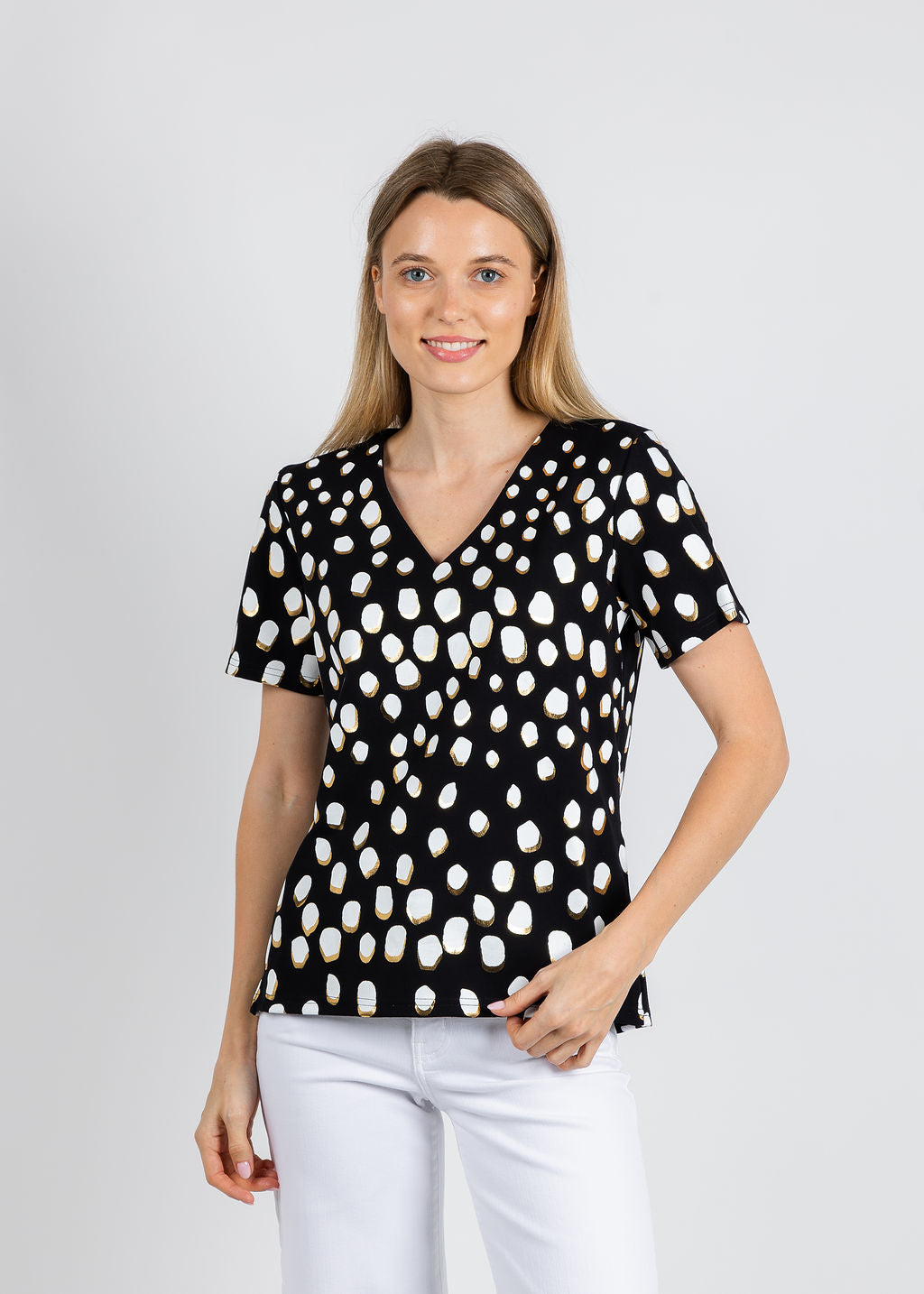 Leo & Ugo Animal Print V Neck Top in Black/White available at Barbara Katz