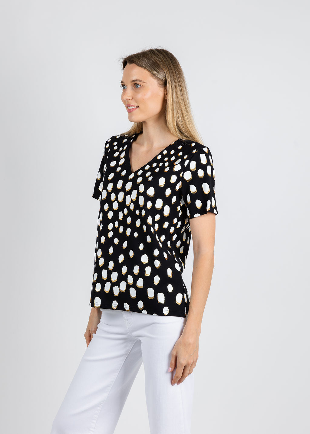 Leo & Ugo Animal Print V Neck Top in Black/White available at Barbara Katz