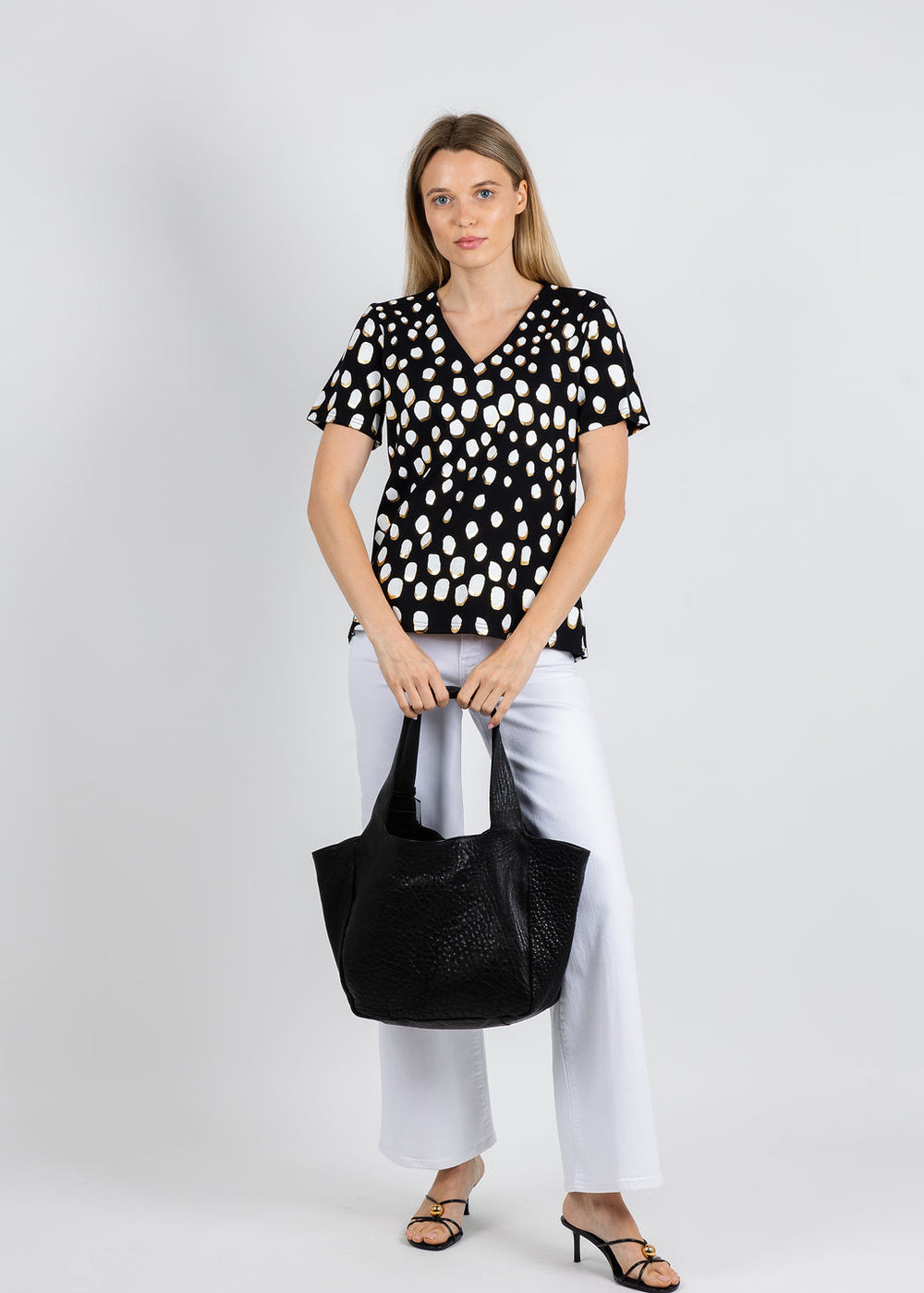 Leo & Ugo Animal Print V Neck Top in Black/White available at Barbara Katz
