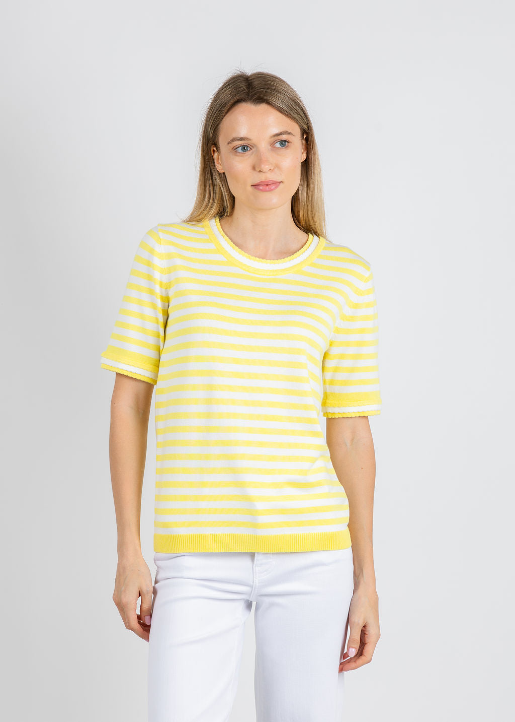 Leo & Ugo Athena Crew Neck Stripes Sweater in Yellow/White available at Barbara Katz