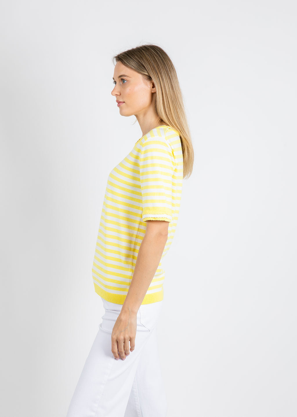 Leo & Ugo Athena Crew Neck Stripes Sweater in Yellow/White available at Barbara Katz
