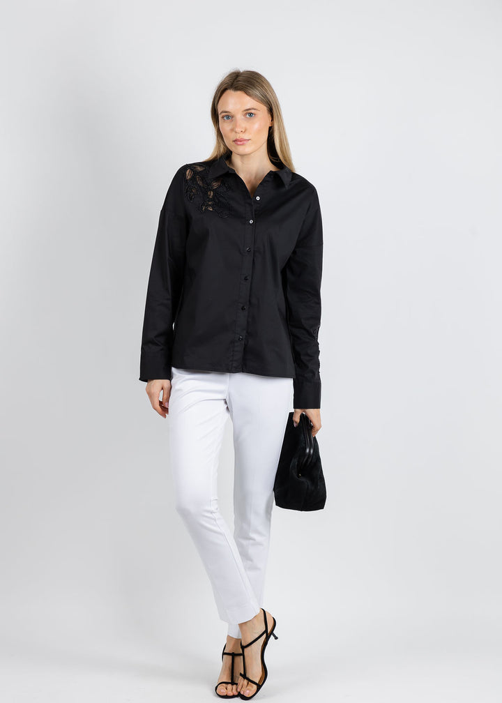 Leo & Ugo Beaded Flower Button Down Shirt in Black available at Barbara Katz