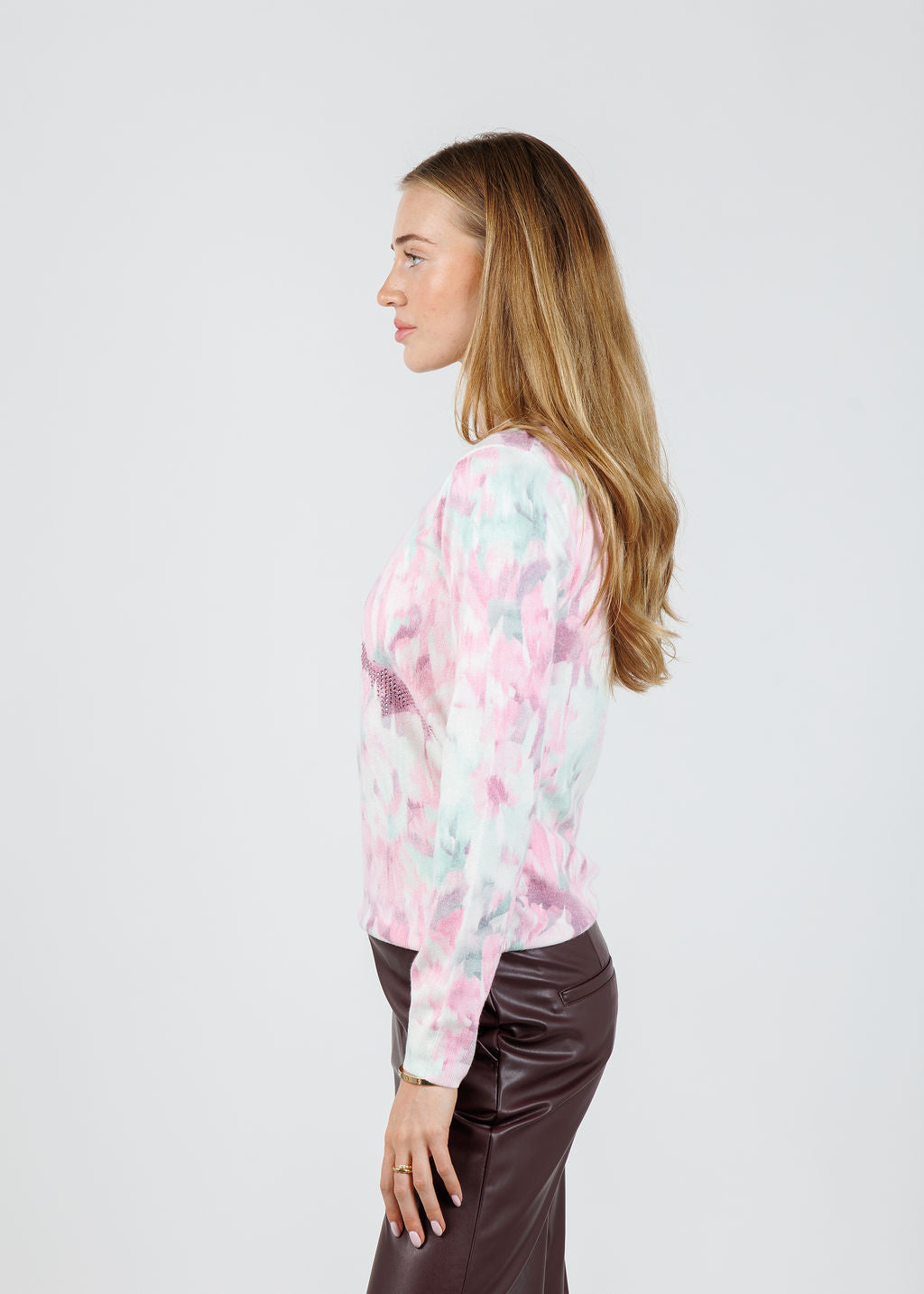 Leo & Ugo Blurred Floral V Neck Sweater in Pink Multi available at Barbara Katz