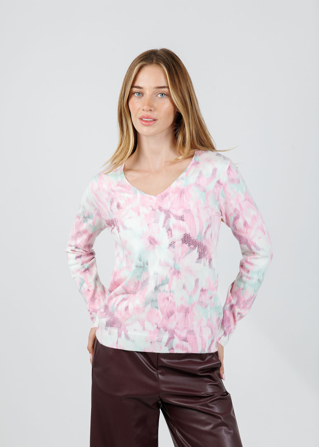 Leo & Ugo Blurred Floral V Neck Sweater in Pink Multi available at Barbara Katz