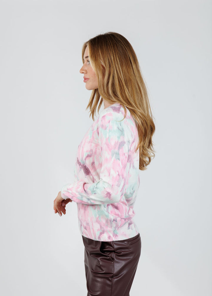 Leo & Ugo Blurred Floral V Neck Sweater in Pink Multi available at Barbara Katz
