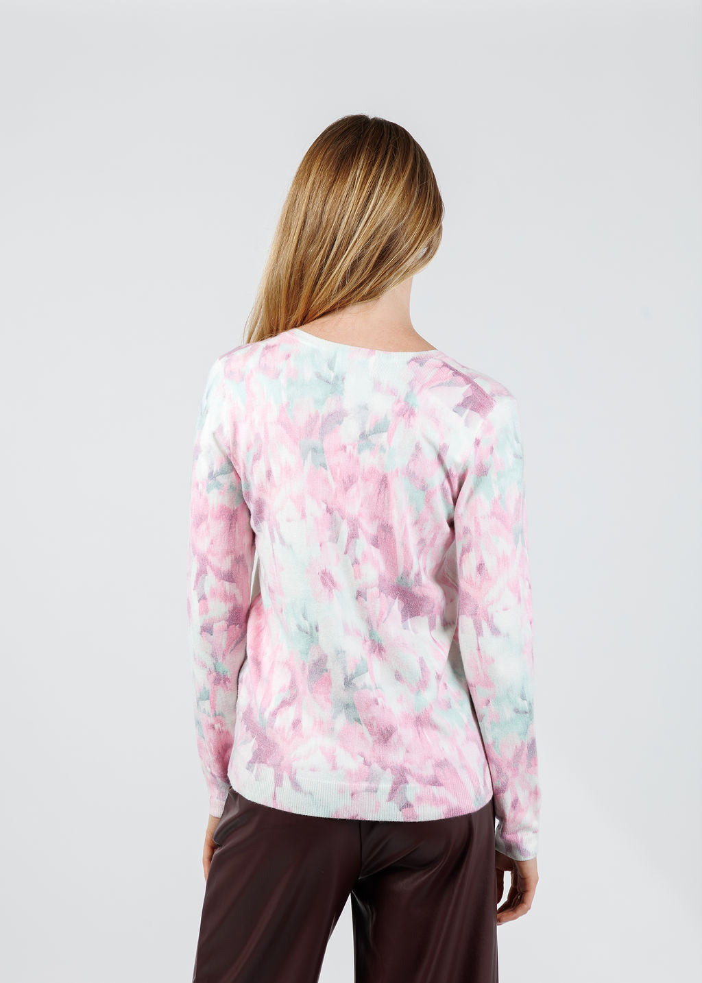 Leo & Ugo Blurred Floral V Neck Sweater in Pink Multi available at Barbara Katz