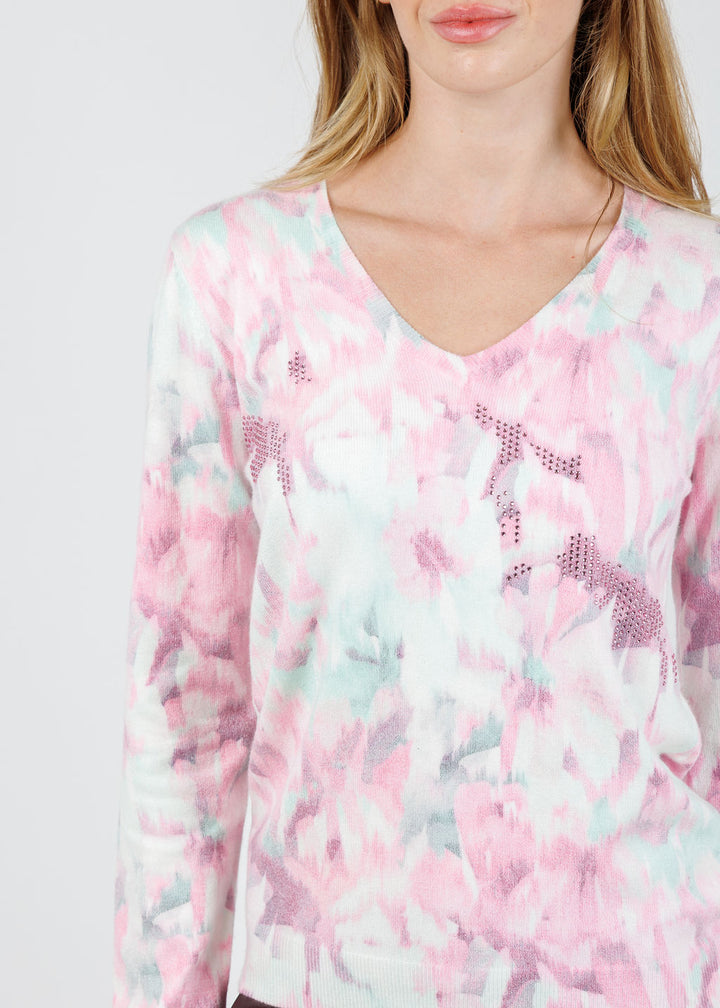 Leo & Ugo Blurred Floral V Neck Sweater in Pink Multi available at Barbara Katz