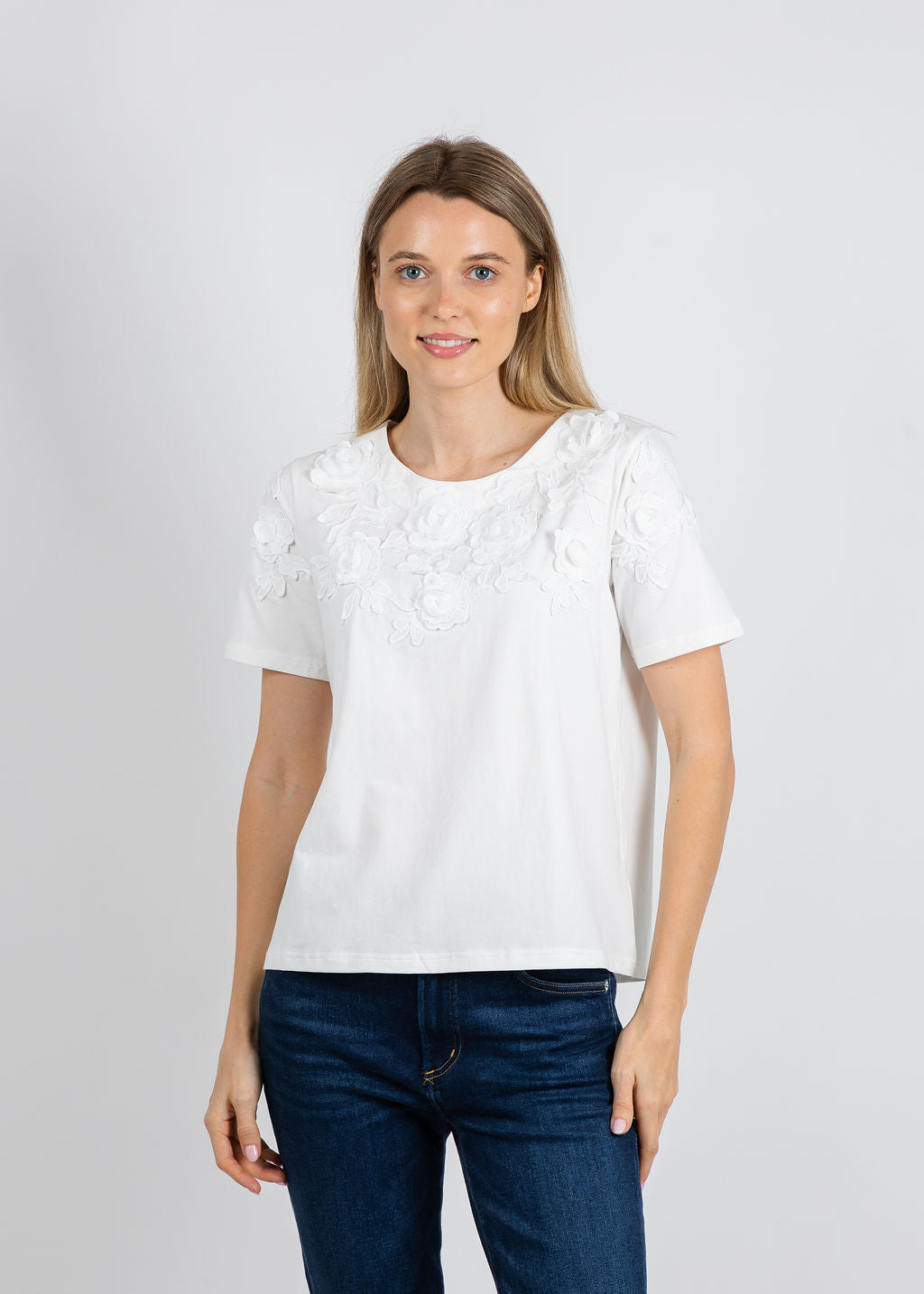 Leo & Ugo Brianne Crew Neck Flower Top in White available at Barbara Katz