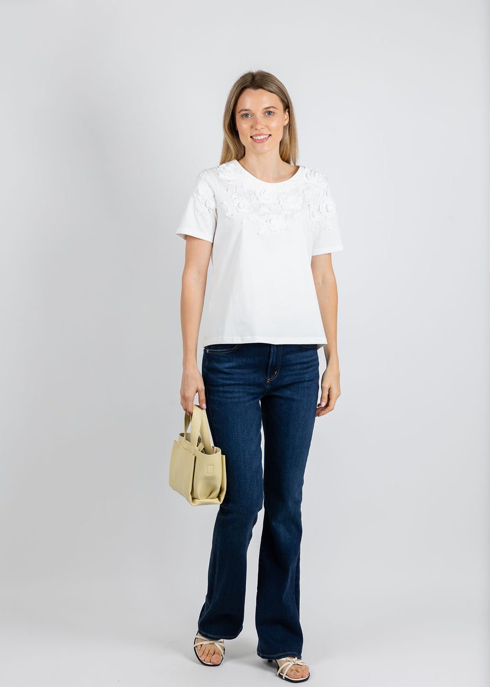 Leo & Ugo Brianne Crew Neck Flower Top in White available at Barbara Katz