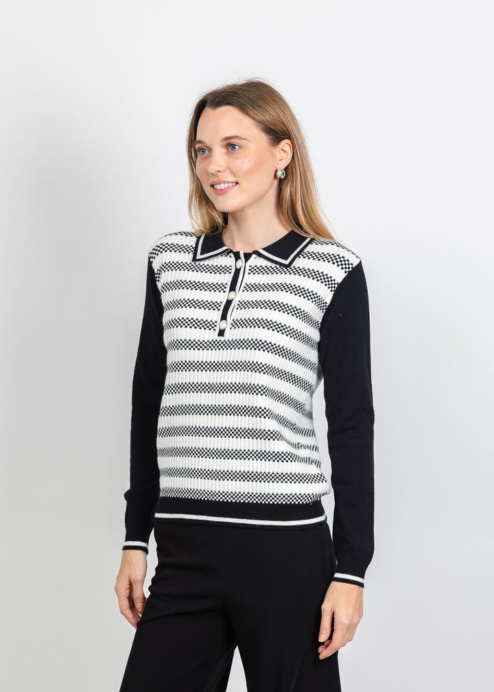 Leo &amp; Ugo Contrast Stripe Polo Top in Black/Off White available at Barbara Katz