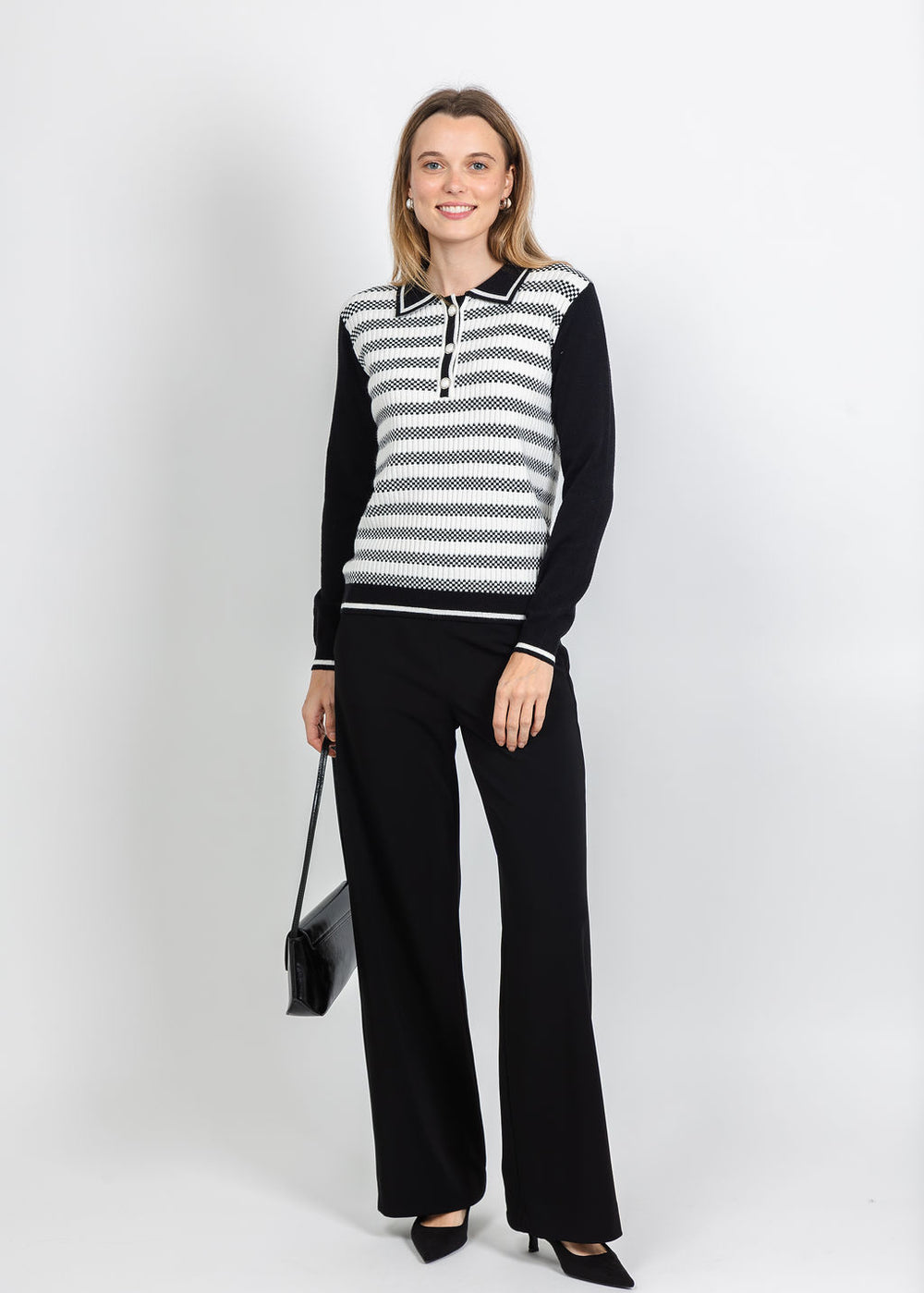 Leo & Ugo Contrast Stripe Polo Top in Black/Off White available at Barbara Katz