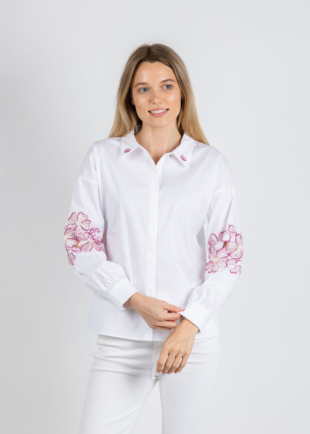 Leo & Ugo Embroidered Flower Button Down Shirt in White/Pink available at Barbara Katz