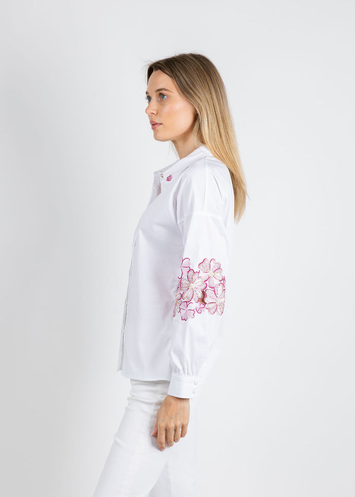 Leo & Ugo Embroidered Flower Button Down Shirt in White/Pink available at Barbara Katz