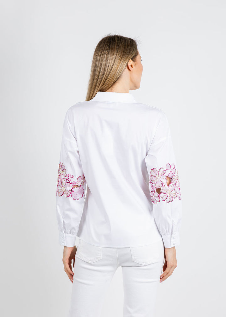 Leo & Ugo Embroidered Flower Button Down Shirt in White/Pink available at Barbara Katz