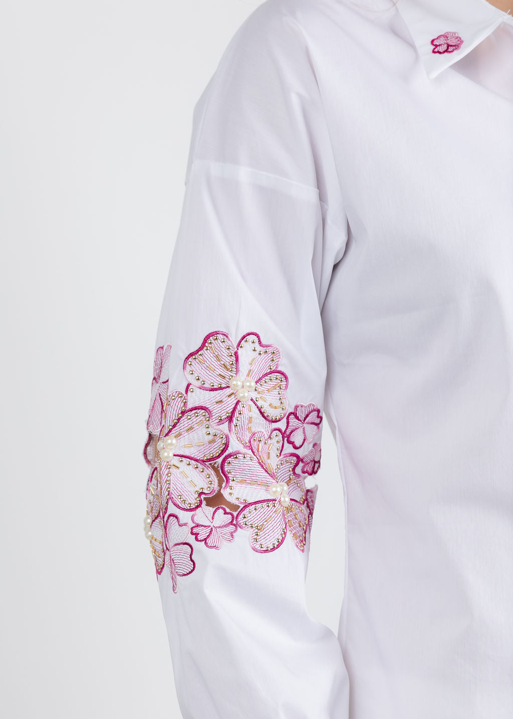 Leo & Ugo Embroidered Flower Button Down Shirt in White/Pink available at Barbara Katz