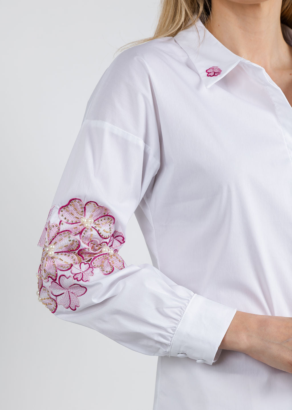 Leo & Ugo Embroidered Flower Button Down Shirt in White/Pink available at Barbara Katz
