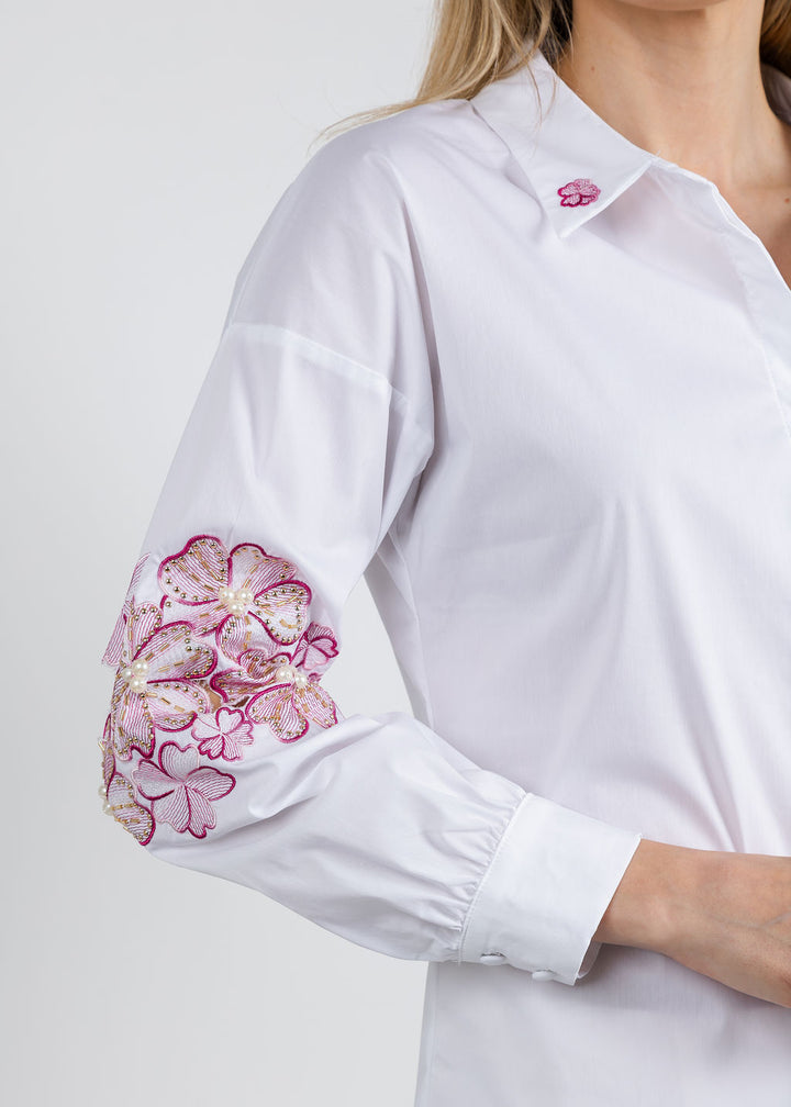 Leo & Ugo Embroidered Flower Button Down Shirt in White/Pink available at Barbara Katz