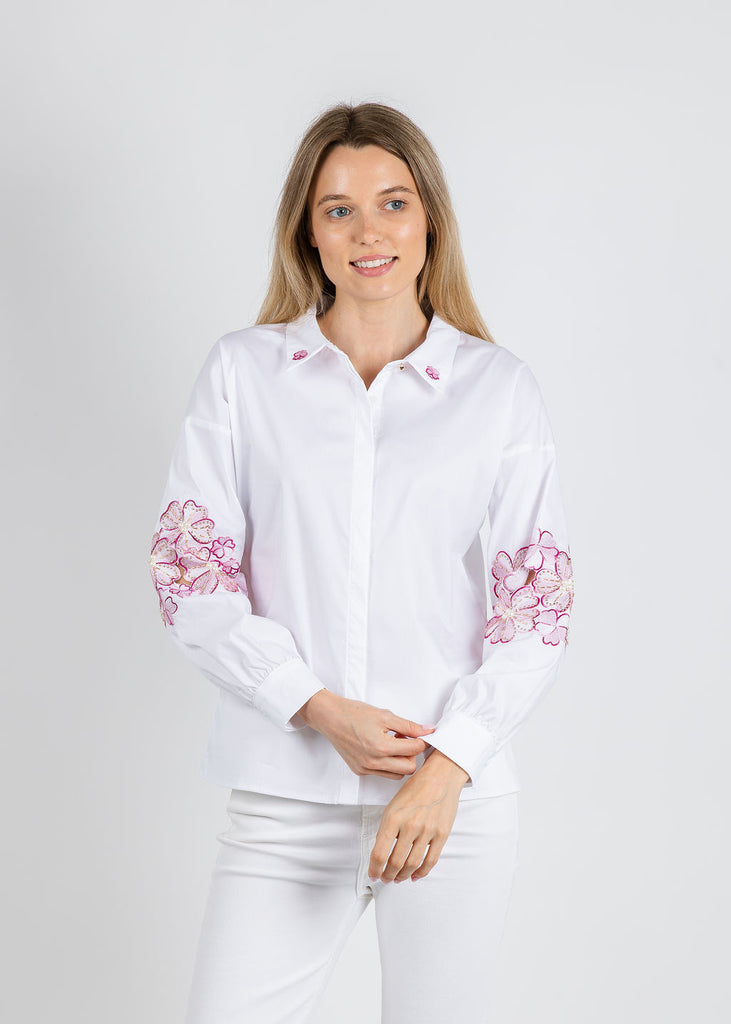 Leo & Ugo Embroidered Flower Button Down Shirt - White/Pink