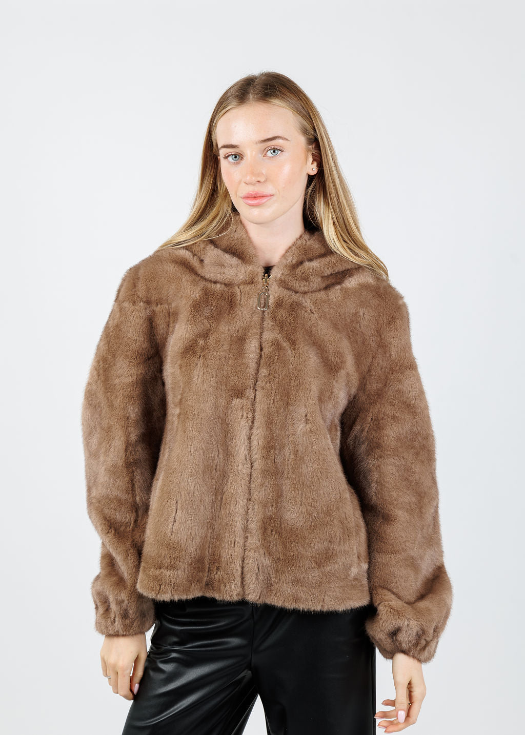 Leo & Ugo Faux Fur Zip Jacket in Camel available at Barbara Katz