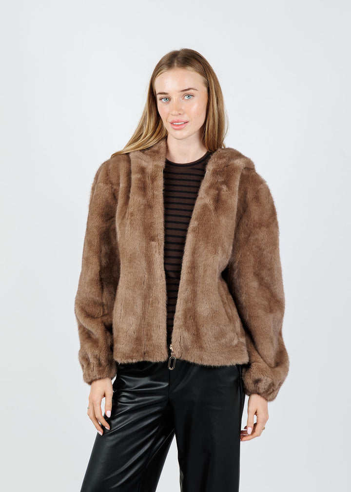 Leo & Ugo Faux Fur Zip Jacket in Camel available at Barbara Katz