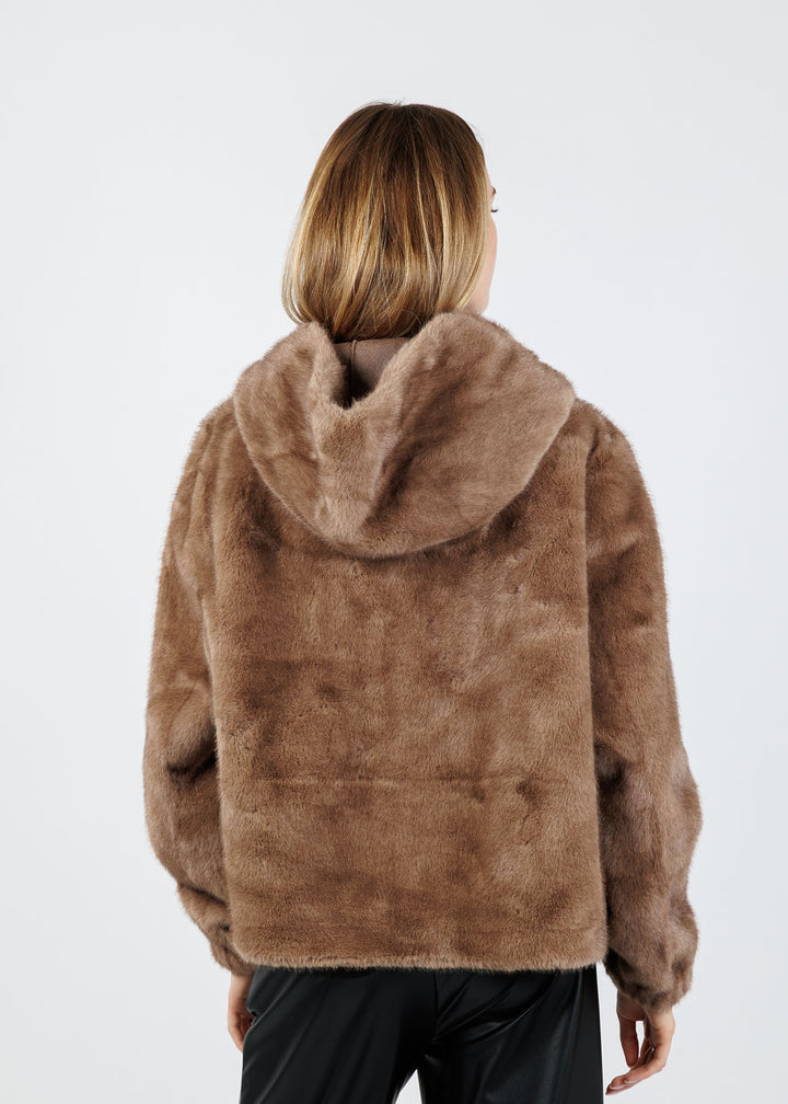 Leo & Ugo Faux Fur Zip Jacket in Camel available at Barbara Katz