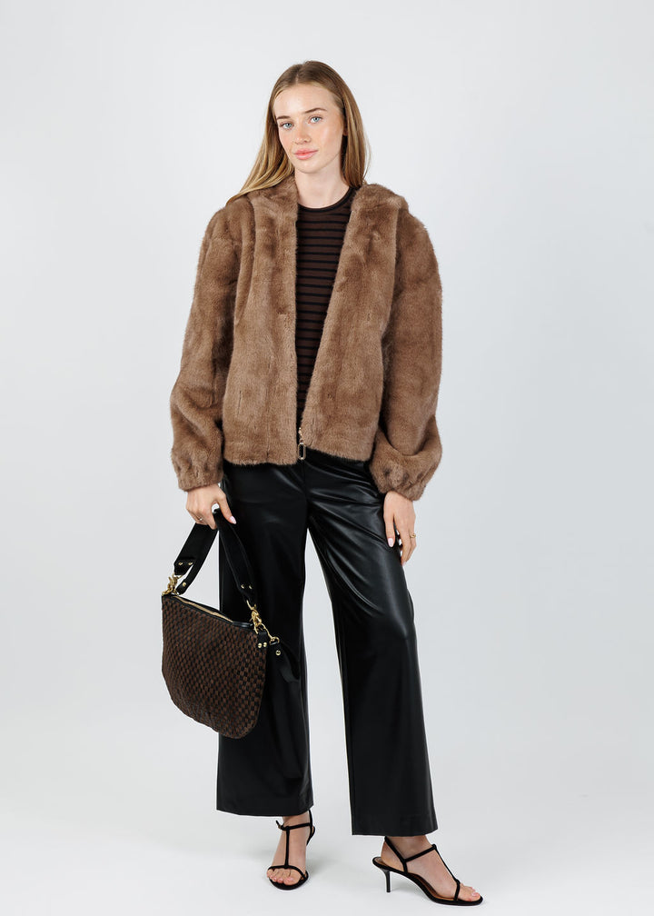 Leo & Ugo Faux Fur Zip Jacket in Camel  paired with Raffaello Rossi Palina Vegan Leather Culotte Pants in Black available at Barbara Katz