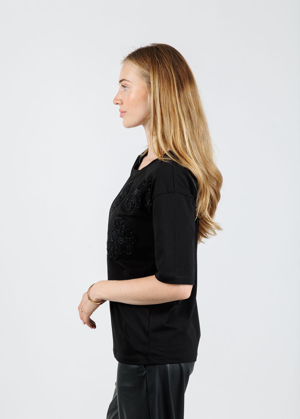 Leo & Ugo Ines Floral Bead Detail Short Sleeve Tee in Black available at Barbara Katz