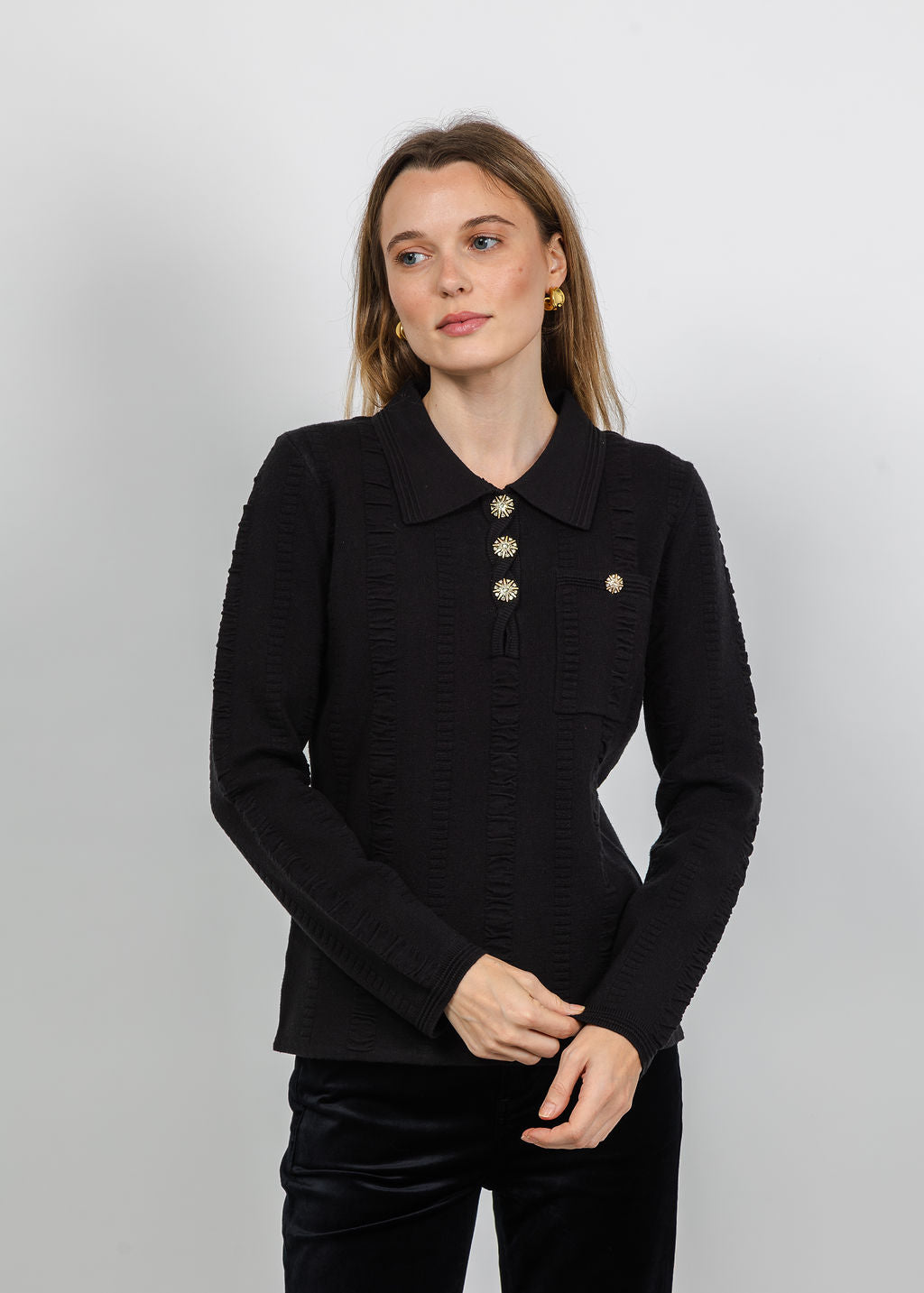Leo &amp; Ugo Jewel Button Polo Top in Black available at Barbara Katz
