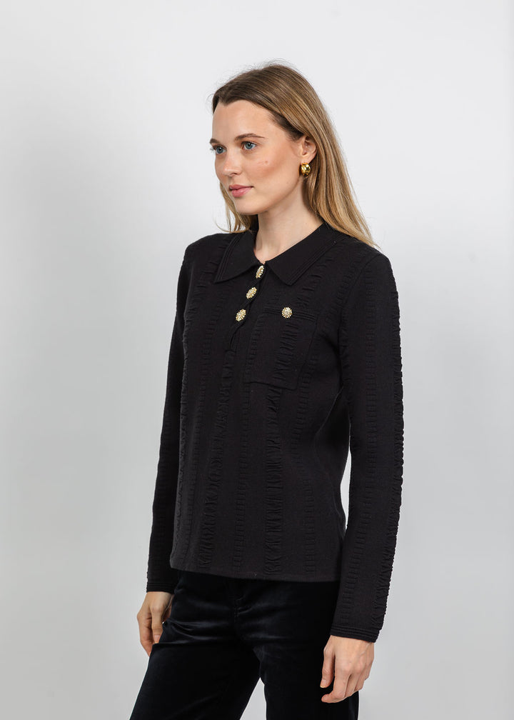 Leo &amp; Ugo Jewel Button Polo Top in Black available at Barbara Katz